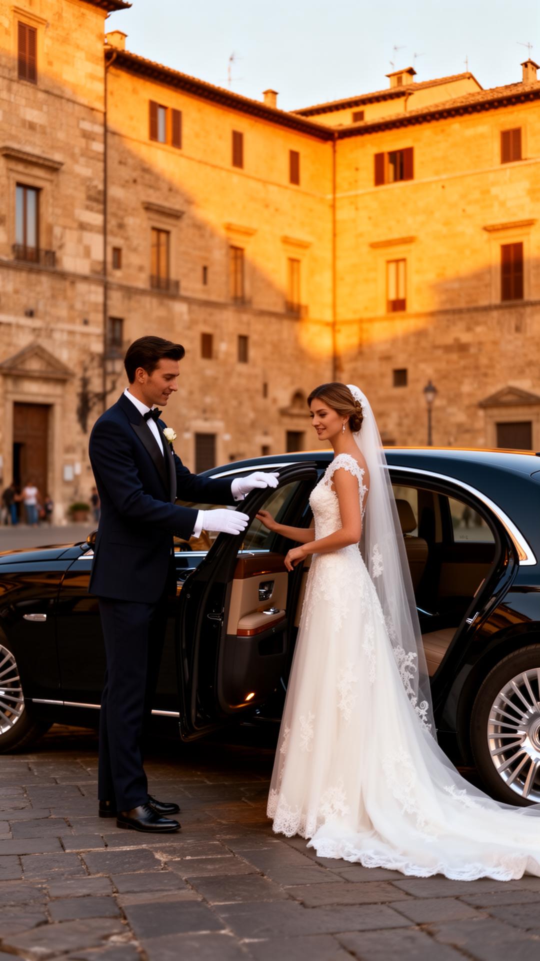 Autista in livrea apre la portiera alla sposa